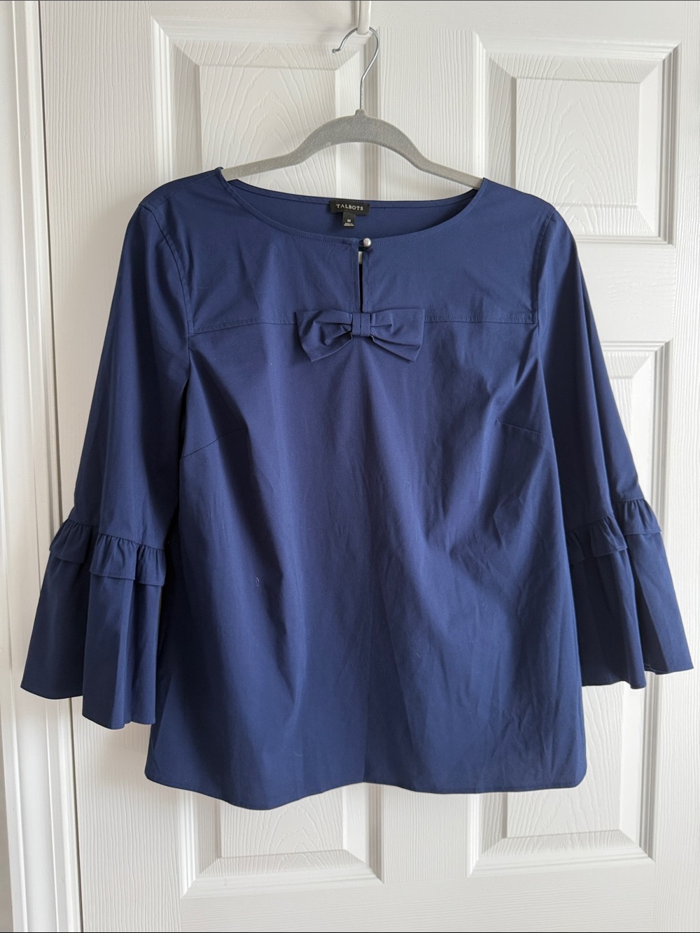 Talbots Navy Bow-Front Ruffle-Sleeve Blouse